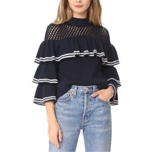 Self-Portrait Striped Ruffle Sweater in Blue and White